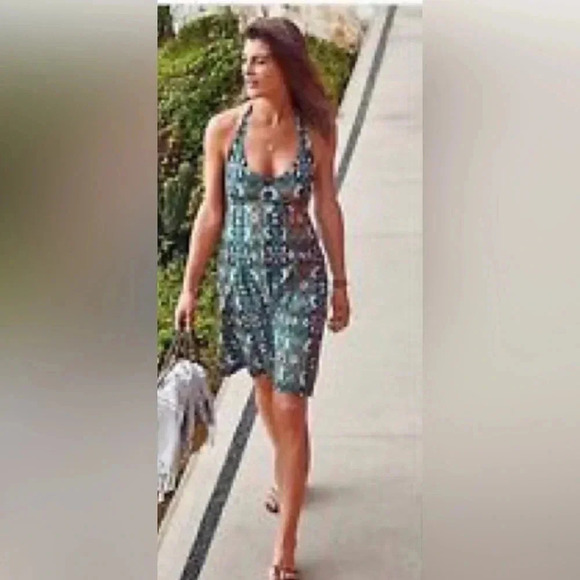 INC Women’s V-Neck Halter Mini Dress Studded Black, Blue, White Aztec Medium EUC - Picture 1 of 9